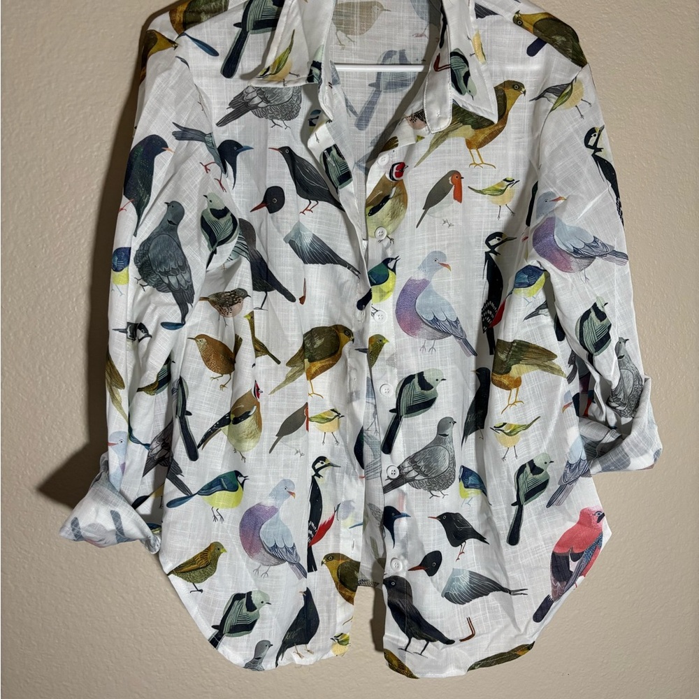 Bird Print Button-Up Shirt